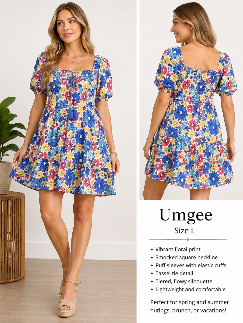 Umgee Blue Floral Smocked Puffed Sleeve Mini Dress